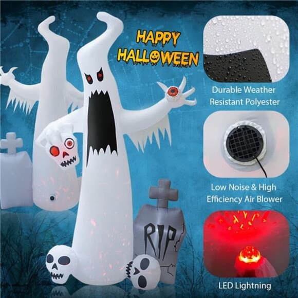 Costway 12ft Spooky Outdoor Halloween Inflatable Ghost with  12 FT Halloween Inflatables Outdoor Halloween Blow Up Yard Decor White Ghost